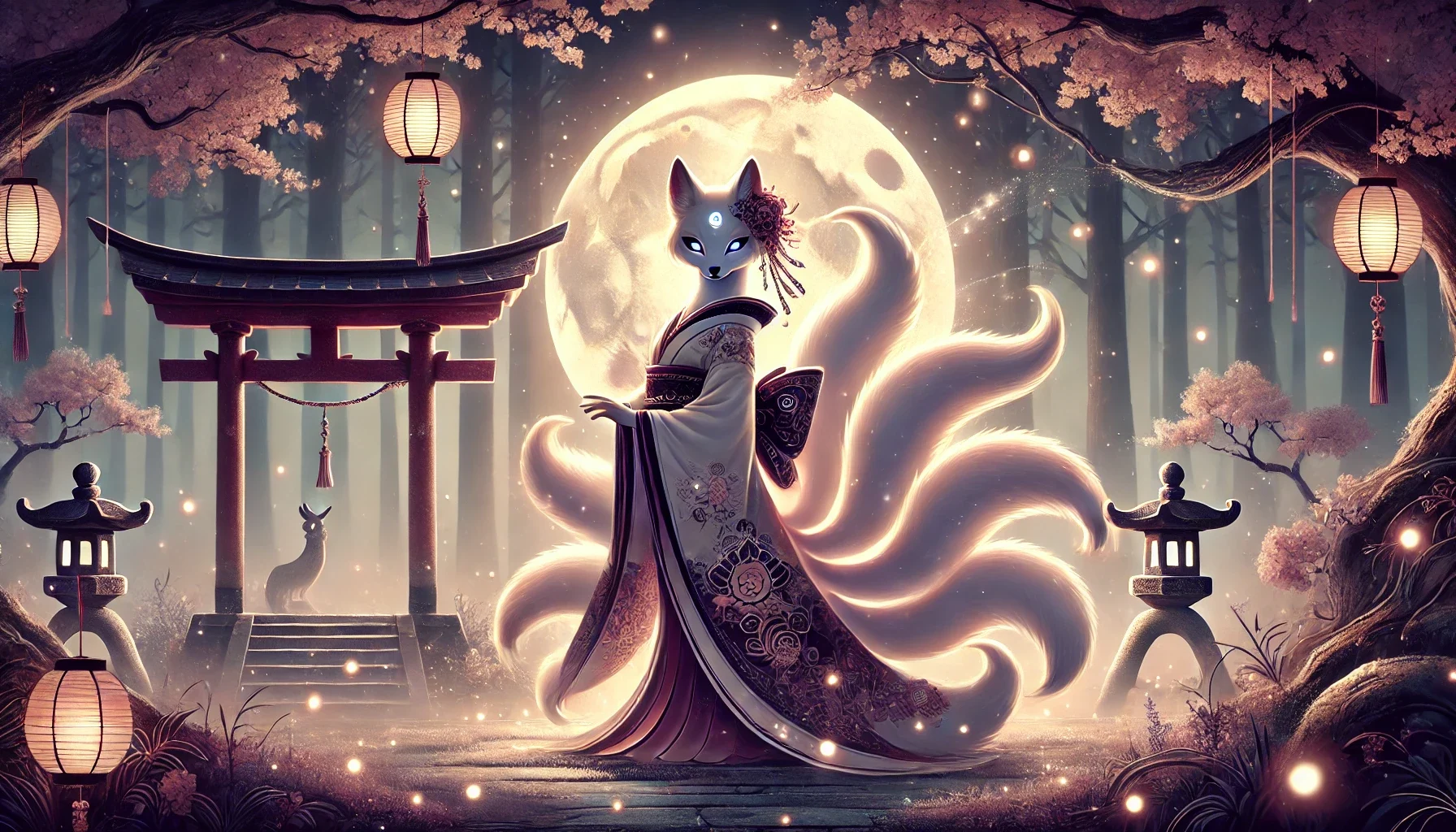 A traditional Japanese Kitsune spirit under a full moon in a mystical forest